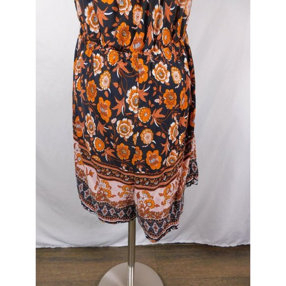 SHEIN Curve Dress Womens 1XL Black Orange Boho Floral Tassel Tie Short Sleeve - Picture 7 of 12